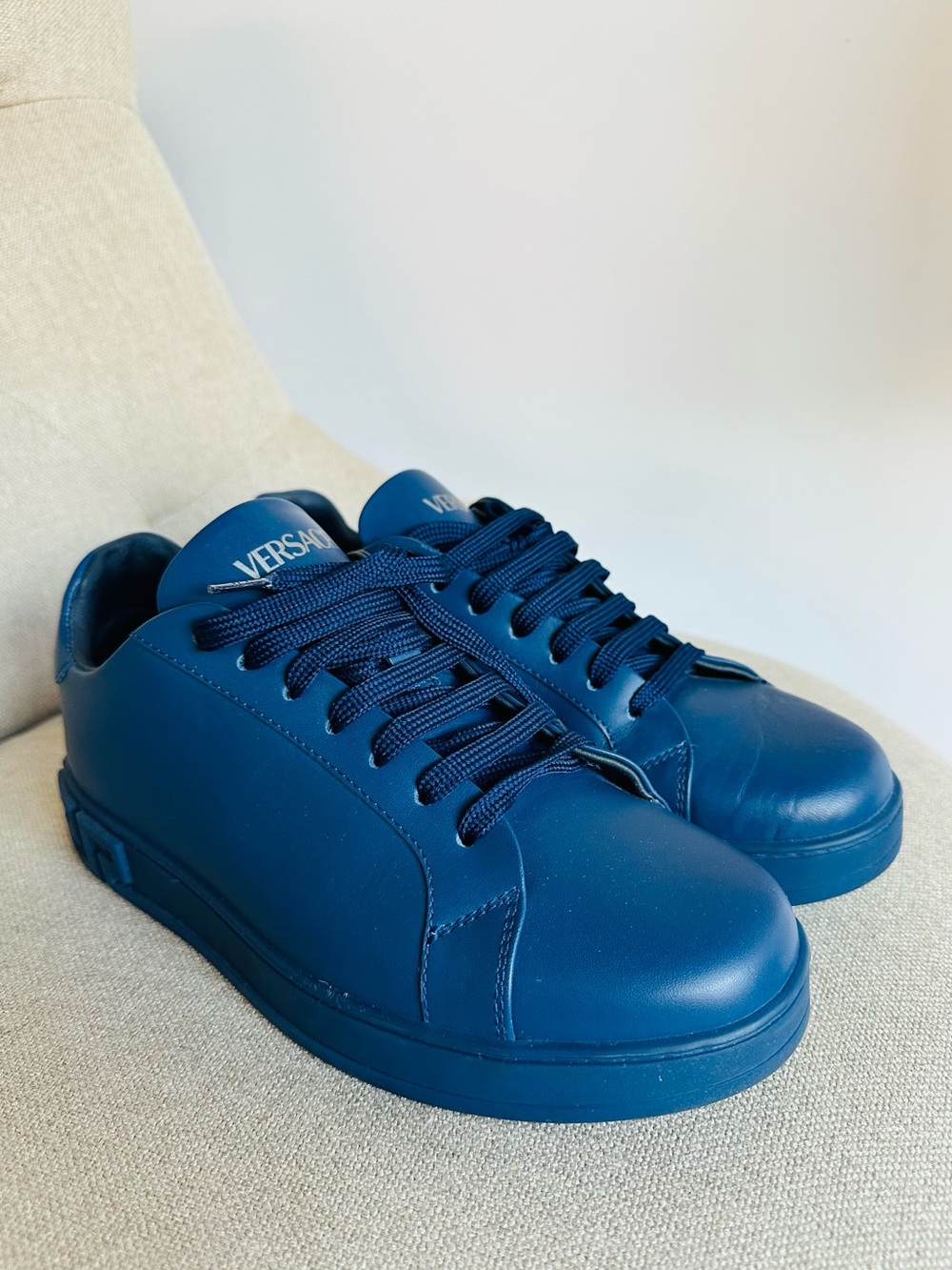 Versace Blue Leather Greca Low Top Sneakers Men’s EU 39 US 6 Designer Shoes